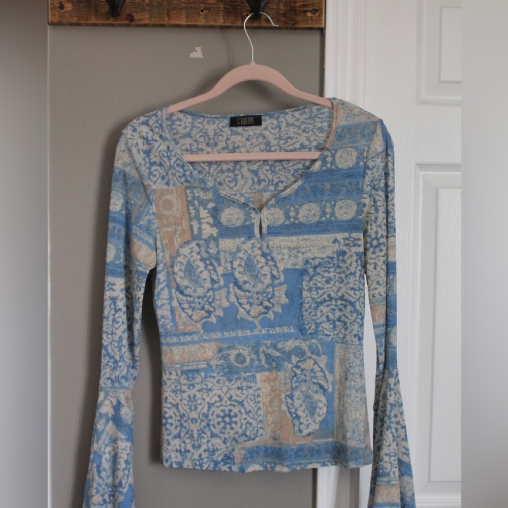 Equipe Blue and Tan Patterned Women's Blouse